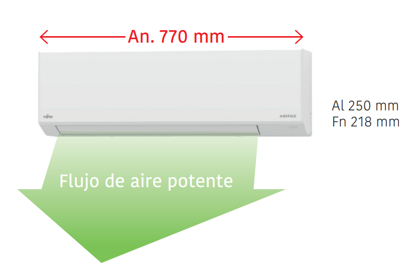 Diseño compacto y minimalista de 770 mm Las unidades interiores de la gama KL destacan por su diseño compacto, limpio y minimalista. Con un ancho de solo 770 mm, permiten una instalación flexible en espacios reducidos, dormitorios, salones pequeños, despachos o habitaciones donde se busca una unidad discreta.  Su diseño elimina elementos innecesarios y ofrece una estética sencilla, moderna y fácil de integrar en cualquier ambiente. Además, sus dimensiones de 250 x 770 x 218 mm facilitan la instalación en diferentes tipos de estancia.